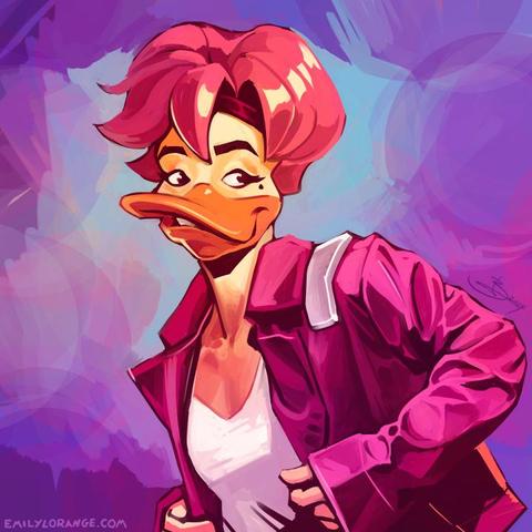 a digital painting of an anthropomorphic duck. she is painted from about the waist up, on an abstract blue/purple background. she has pink hair, and is wearing a pink jacket over a white top. she is facing the left but looking to the right. she appears to be smiling, and there is a mole by her left eye.