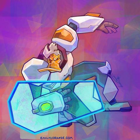 a digital painting of an anthropomorphic duck. he is painted in a heroic pose, crouching with a shield. his clothing is a white body armor, and the shapes in the image are squared off instead of rounded. his face appears to be a golden mask similar to a hockey mask. the background is abstract shapes of purple and yellow