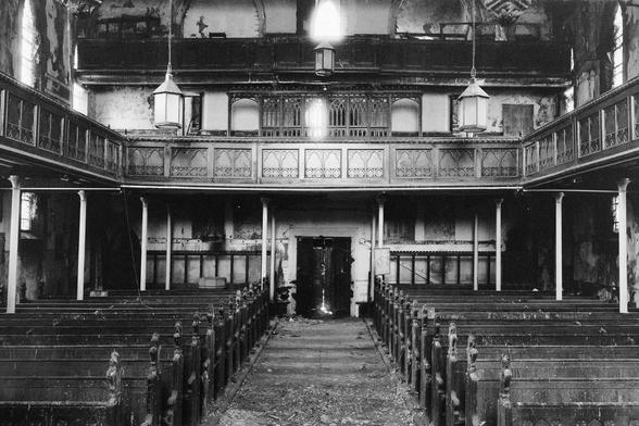 black and white photo of a church