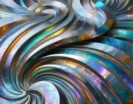 A vibrant swirl of metallic iridescence with rainbow reflections and abstract curves.