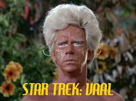 Keith Andes appears as Akuta, the leader of the Vaalian natives of Gamma Trianguli VI, in Star Trek's "The Apple." With bushy white hair, colorful facial markings, small grey antennae protruding from his ears, and reddish skin, Akuta is shirtless and surrounded by an Eden-like garden.

A joke caption reads, "Star Trek: Vaal."
