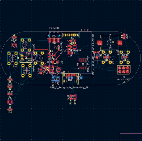 Unfinished PCB design with only some parts placed and routed together.