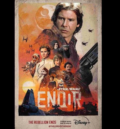 Parody of Andor poster for "Endor" showing characters from "Return of the Jedi"