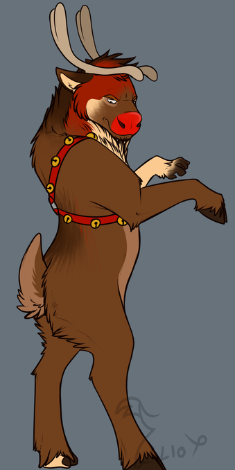 Rusty being transformed into a reindeer with a big red nose and a sleigh bell harness looking down at himself grumpily.