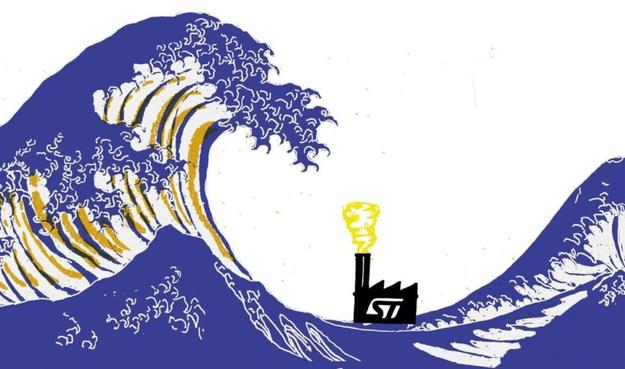 Logo du collectif STopMicro. Il s'agit d'un détournement de l'estampe de Hokusai de 1830, intitulée « La Grande Vague de Kanagawa ». Dans l'estampe originale, au creux de la vague, on aperçoit le mont Fuji. Dans ce détournement, la montagne est remplacée par une illustration stylisée de l'usine STMicro. Ainsi, l'avenir de l'usine apparaît menacé.