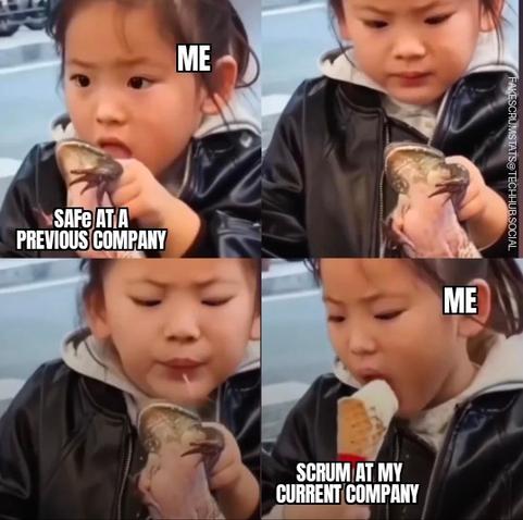 4 photos of a young girl labeled "Me"
In the first three she is holding a frog labeled "SAFe at a previous company"
In the first panel she licks the frog. In the second she looks at it in disgust. In the third she spits out some saliva.
In the last panel she eats an ice cream cone labeled "Scrum at my current company"