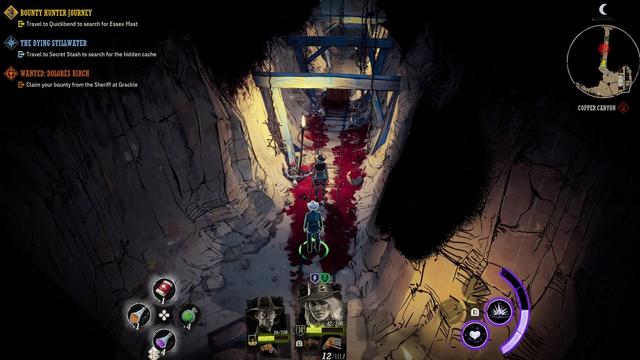 A screenshot.  The Bounty Hunter is moving through a mine, following a mincart.  There are corpses of cultists on the tracks, and they do not stop the minecart.  It leaves a bloody swath as it carries on.

The view is at a 45 degree angle, giving a pretty good view of everything, yet also obfuscating.