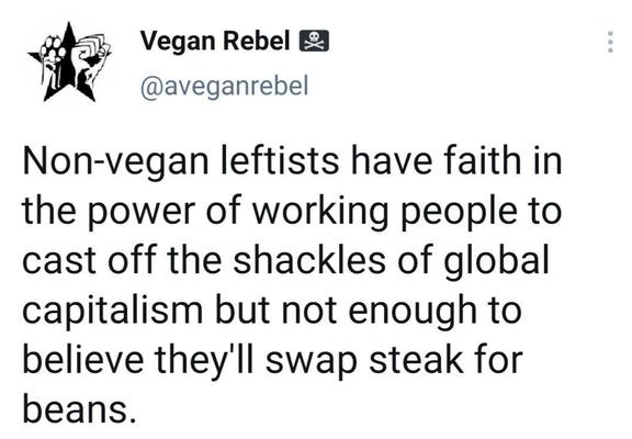Vegan Rebel ‘W @aveganrebel: Non-vegan leftists have faith in the power of working people to cast off the shackles of global capitalism but not enough to believe they'll swap steak for beans.