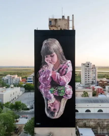 The image shows a large mural painted on the side of a tall building. The mural depicts a young girl with long hair, wearing a shiny pink jacket. She is resting her head on her hand, appearing thoughtful or contemplative. 

Below her, there is a mirrored reflection of her image, creating an illusion of her being upside down. The background of the mural is black, which makes the colors of the girl's clothing and her skin tone stand out vividly. 

The mural is set in an urban environment with other buildings and a vast landscape visible in the background.
