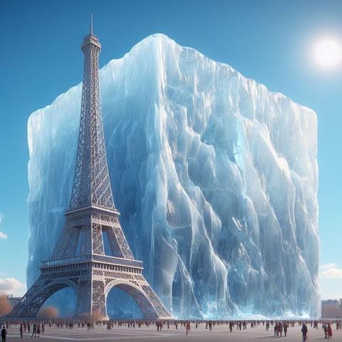 An image (from a Simon Reeves talk in Eastbourne): a block of ice next to the Eiffel tower showing its size; ie its  a cube of ice almost as tall as the Eiffel Tower" that melts every hour.