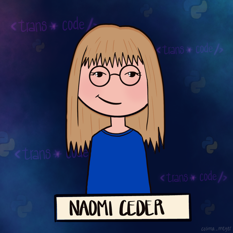 Image of Naomi Ceder (a blond-haired person wearing a blue sweater and glasses). The image has a darker background with nebula and Python symbols as well as '<Trans*Code/>'.