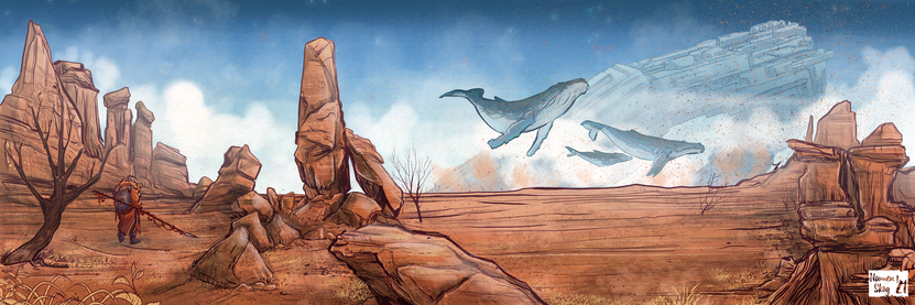 A figure strolling through a desert landscape, in the background space whales swim through the air and an orbital ring can be seen in the sky.