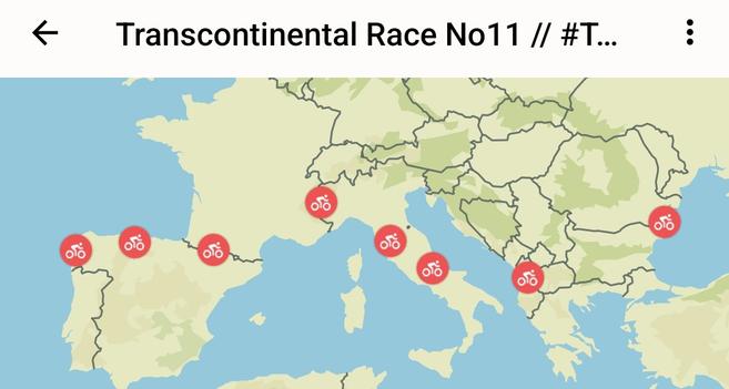 Screenshot einer Europakarte mit den Control Points der Transcontinental Race.