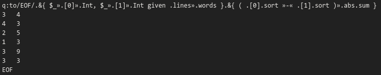 coding in one line in RakuLang for the first problem of the first day of the AdventOfCode