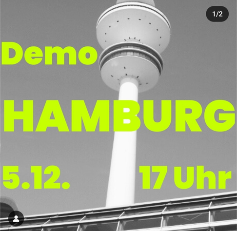 Bild vom Fernsehturm in HH Schrift Demo Hamburg 5.12. 17 Uhr