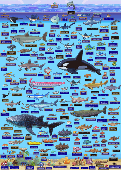 lots of pixelart ocean fish