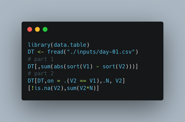 library(data.table)

DT <- fread("./inputs/day-01.csv")

# part 1

DT[,sum(abs(sort(V1) - sort(V2)))]

# part 2

DT[DT, on = .(V2 == V1),.N, V2][!is.na(V2),sum(V2*N)]