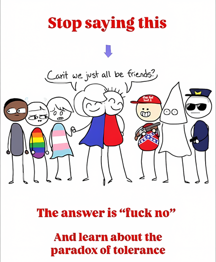 The image is a political cartoon with a title at the top in bold red text saying "Stop saying this." Below is a cartoon illustration featuring a group of stick-figure characters representing diverse identities. On the left side are individuals symbolizing marginalized communities (e.g., a Black individual, a person with a rainbow shirt, and others). In the middle, two characters hug and say, "Can't we just all be friends?" To the right are characters representing hateful ideologies (e.g., a person in a MAGA hat, a person holding a Confederate flag, someone in a KKK hood, and a police officer). At the bottom, bold red text says, "The answer is 'fuck no,'" followed by smaller text encouraging viewers to "learn about the paradox of tolerance." The image highlights the conflict between tolerance and intolerance.