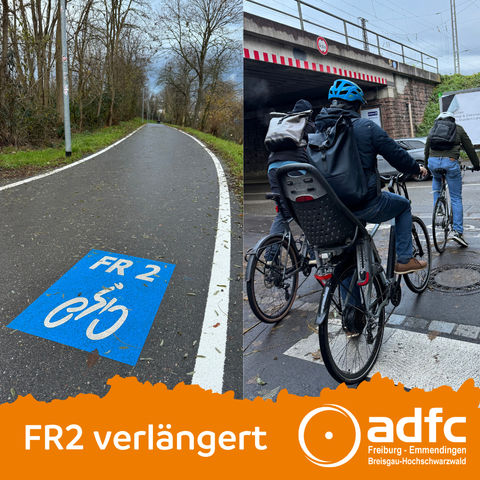 Das Bild ist zweigeteilt: links ist der Radweg FR2 zu sehen, rechts sieht man Fahrradfahrende, die an einer Einmündung warten.