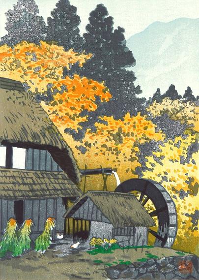 A thatched-roof cottage stands tucked in close by  trees turning yellow and orange with the season. At the side of the house, chickens scratch and peck in the small yard near their coop; just beyond, a small watermill churns away. Further on, there are shadows of a darker forest, with the shape of a nearby mountain obscured by mist. The sky above is grey and overcast