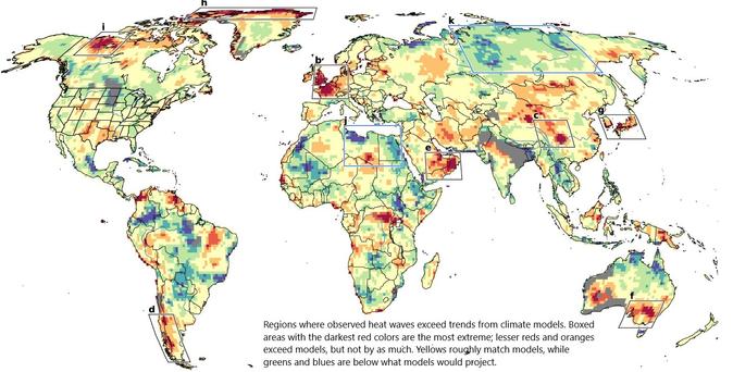 map - Regions where observed heat waves exceed trends from climate models. Boxed areas with the darkest red colors are the most extreme; lesser reds and oranges exceed models, but not by as much. Yellows roughly match models, while greens and blues are below what models would project.