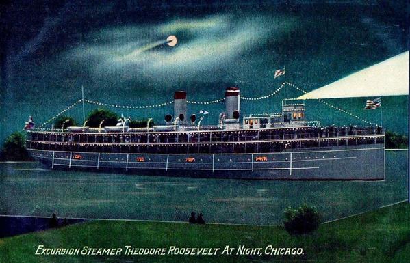Large steamer has two funnels and lots of lights. It also has a spotlight pointed ahead. There is a moon casting a light down over the dark skis.
