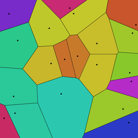 A colorful Voronoi diagram from some random points.