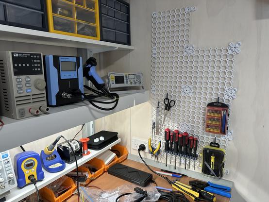 A small corner of the lab showing the new Multiboard.io wall mount organisation system slowly being put together.