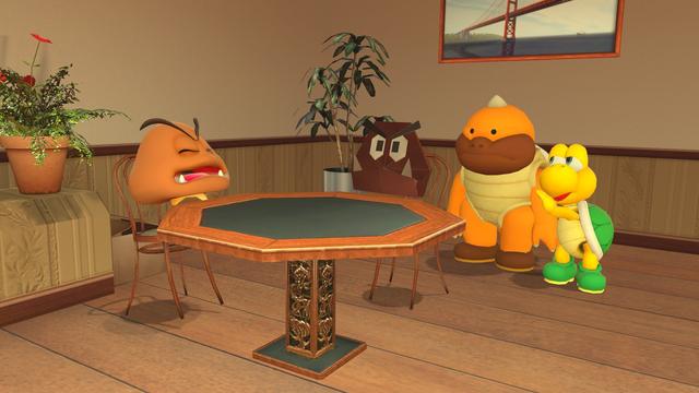The Koopa Troopa is telling the Sumo Bro that a Goomba created an origami version of itself in an attempt to make himself less lonely.