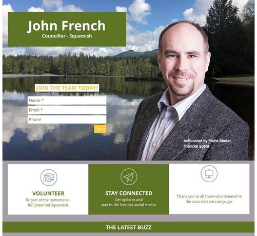 A screen capture of the JohnFrench.ca website featuring a photo of John French with Alice Lake in the background and web page links to volunteer and stay connected.