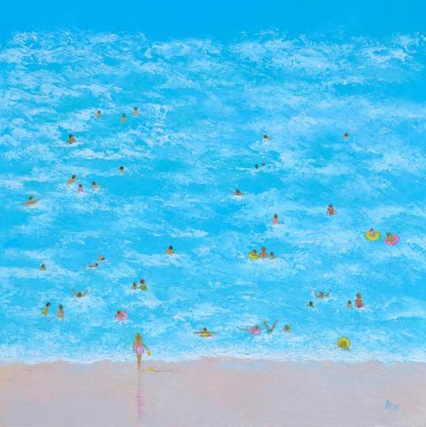 An impressionist beach painting of people swimming, floating and splashing about in turquoise ocean.