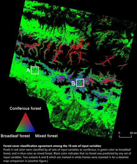 map - Forest cover classification agreement among the 18 sets of input variables. Pixels in red color were classified by all sets of input variables as coniferous, in green color as broadleaf forest, and in blue color as mixed forest. Black color indicates that no forest was predicted by any set of input variables. Two subsets A and B which are marked in white frames were zoomed in for a detailed map comparison in [another figure]