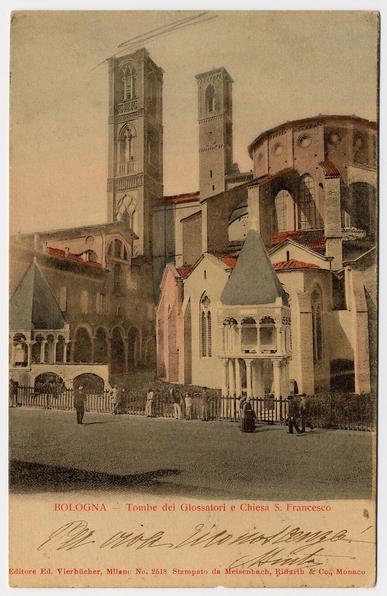 The image depicts a vintage postcard featuring an old European cityscape with prominent Gothic architecture. In the foreground, there's a large open square where several people are seen walking and conversing casually; their attire suggests it could be from late 19th to early 20th-century Europe.

Two imposing towers rise in the background, characteristic of medieval church or cathedral structures, indicating that this might be an image taken near a significant religious building. The buildings have pointed arches, ribbed vaults and large windows with tracery, which are typical features of Gothic architecture. 

The overall color tone is monochromatic, suggesting it could either be the original paper's age or processed to mimic antique photographs.

There’s text on the postcard in various languages: "BOLOGNA — Tombe dei Glossatori e Chiesa S. Francesco," indicating that this image likely shows a historical aspect of Bologna including 'The Graves of the Glossators and Church St. Francis.' The artist, publisher's details are also noted along with an illustration credit to Ferro Candilera.

In terms of context or background story about this specific landmark in Bologna: "Piazza Malpighi" is a historical square where one can find the 'Abside' (abbey) of St. Francis and archeological remains from the medieval period, which may be what's being referred to here as it fits with the Gothic architecture present.

The details sugge [...]