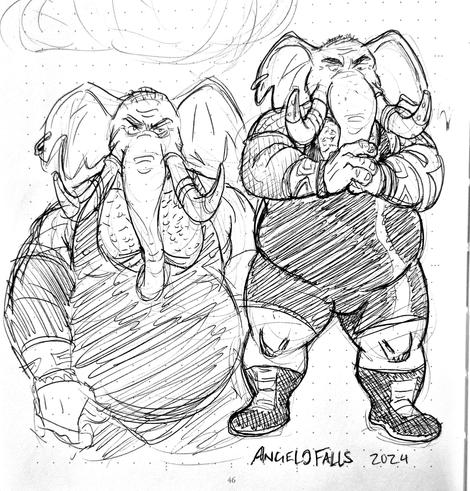 A sketch drawing of Tungsten Tusks, a giant anthro elephant male standing all tough like with a furrowed brow, cracking his knuckles. He's wearing a dark wrestling singlet with some boots.

Signed, AngeloFalls