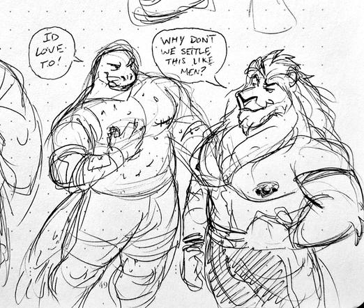 A sketch drawing of (Ray Maximus) a trans male anthro leopard seal with his hand on his chest, standing tall and next to (Estefan) an older anthro male lion with a menacing grin and a hand on his hip.

(Dialogue)

Estefan: "why don't we settle this like men?"

Ray: "I'd love to!"

Signed, AngeloFalls