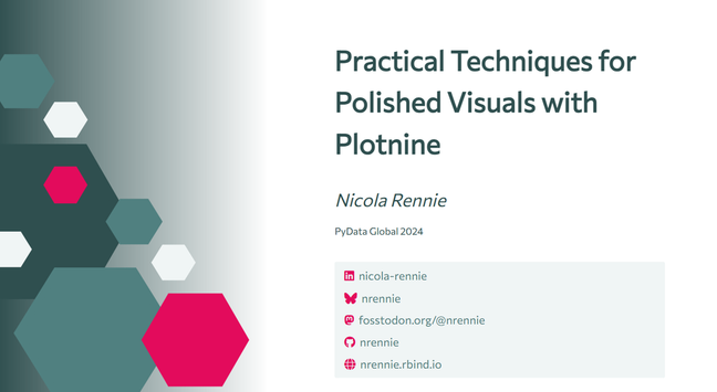 A presentation slide titled "Practical Techniques for Polished Visuals with Plotnine" by Nicola Rennie for PyData Global 2024. It features a hexagon design on the left and Nicolaβs contact details on the bottom right, including social media and website links.