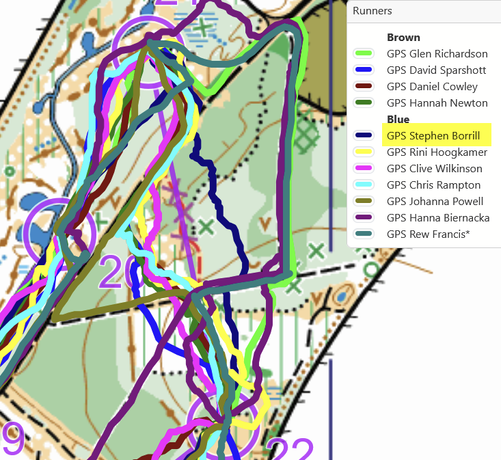 A map showing a number of GPS traces. Only one (me) went straight through the darker green which represents denser woodland.