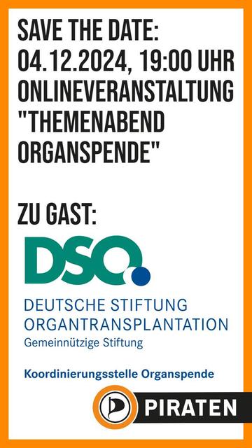Flyer "Save the Date: 04.12.2024, 19:00 Uhr Onlineveranstaltung "Themenabend Organspende", zu Gast: Logo der DSO - Deutsche Stiftung Organtransplantation Gemeinnützige Stiftung Koordinierungsstelle Organspende