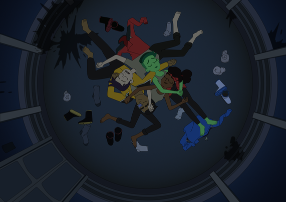 A vector drawing of a scene from Start Trek Lower Decks which shows the four main characters trapped in a turbo lift, asleep on each other's stomachs with clothes strewn about and questionable stains all around the lift.