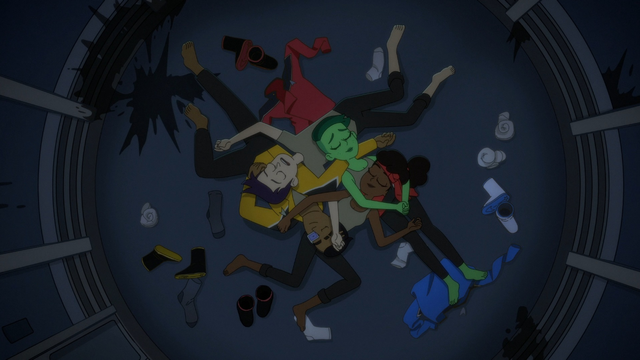 The original scene from Start Trek Lower Decks which shows the four main characters trapped in a turbo lift, asleep on each other's stomachs with clothes strewn about and questionable stains all around the lift. In this you can see shadows and highlights that are still needing to be added.