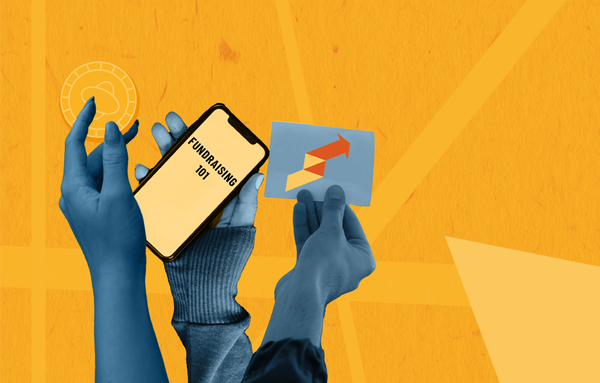 Three hands, holding up a coin, a payment card and a phone with the text 'Fundraising 101' on it.