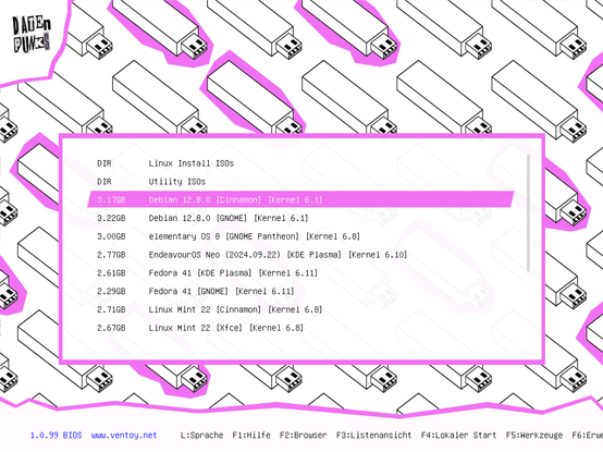 Ein GRUB-Bildschirm in pink und schwarz auf weißem Hintergrund mit einer Liste von Live-Linux-Images (Debian 12, elementary OS 8, EndevourOS Neo, Fedora 41, Linux Mint und andere) mit verschiedenen Desktop-Umgebungen (Cinnamon, Gnome, KDE, XFCE).

Oben links in der Ecke ist der Schriftzug der Datenpunks.

Unten sieht man, dass der Multi-Boot-Stick mit der Software von www.ventoy.net in der Version 1.0.99 erstellt wurde.

Screenshot: CC by @chpietsch@fedifreu.de