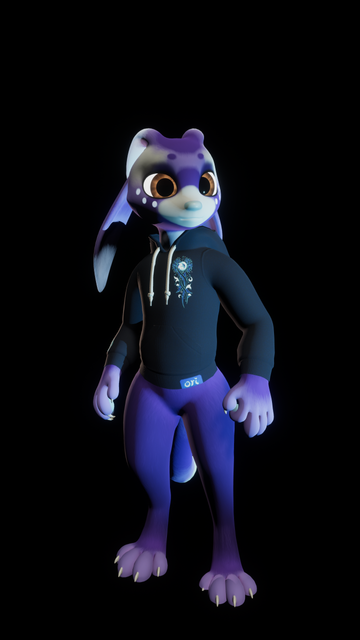 Forward profile picture of me as my purple furred Spirit avatar Niden wearing just a hoodie that's an adaption and recreation of the official real life Ori and the Blind Forest themed hoodie jacket.