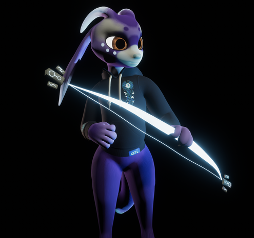 Niden standing smiling holding his Spirit Arc in his left hand, a magical bow made of light he can manifest to defend himself and others that has floating runes at each end of the string.
