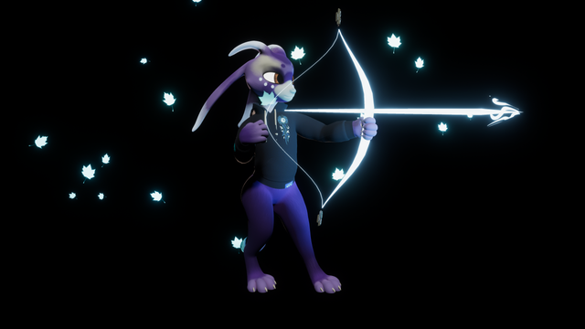 Side profile of Niden smirking as he is drawing back the bow. A magic arrow made of light having formed as sycamore shaped white magical leaves fly back from the tip and billow behind him.