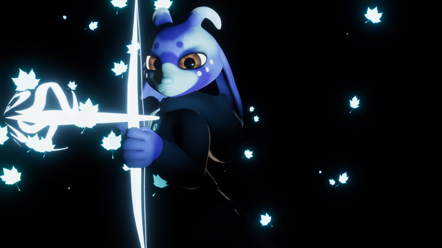 A forward cropped shot of Niden holding his bow drawn, leaves flying behind him once again, aimed just behind the viewer, his body somewhat in shadow but face lit by the glow of the bow and arrow as he gives an intimating glare towards the viewer.
