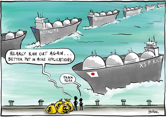 Single panel editorial cartoon called Would You Believe . . ? Two shadowy figures stand on a dock next to huge bags of money, watching a gas tanker coming in, it is marked with flag of Japan and is called ‘XS P RICE’. Further out to sea the is a constant stream of gas tankers leaving the dock and stretching to the horizon, they are marked with flag of Australia, we can see one is called ‘ROYAL T3’ and another marked as ‘0 TX’. One shadowy figures says, “Nearly ran out again . . . better put in more applications”. The other replies, “Frack yeah”.