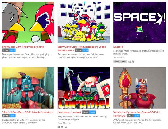 A screenshot of my itch.io store page, featuring two issues of SnowCone City comics, two 3D print models, GearHead Caramel, and Space-Y.