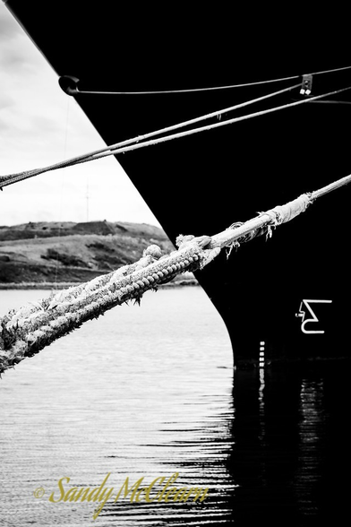 Ropes leading toward the bow of a ship in close-up.