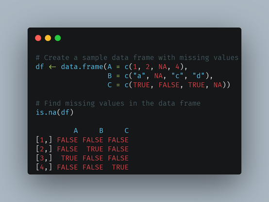 A code snippet in R showing how to create a sample data frame with missing values and identify them using the is.na() function. The data frame df has three columns: A, B, and C. The output is a logical matrix indicating TRUE for missing values and FALSE for non-missing values.